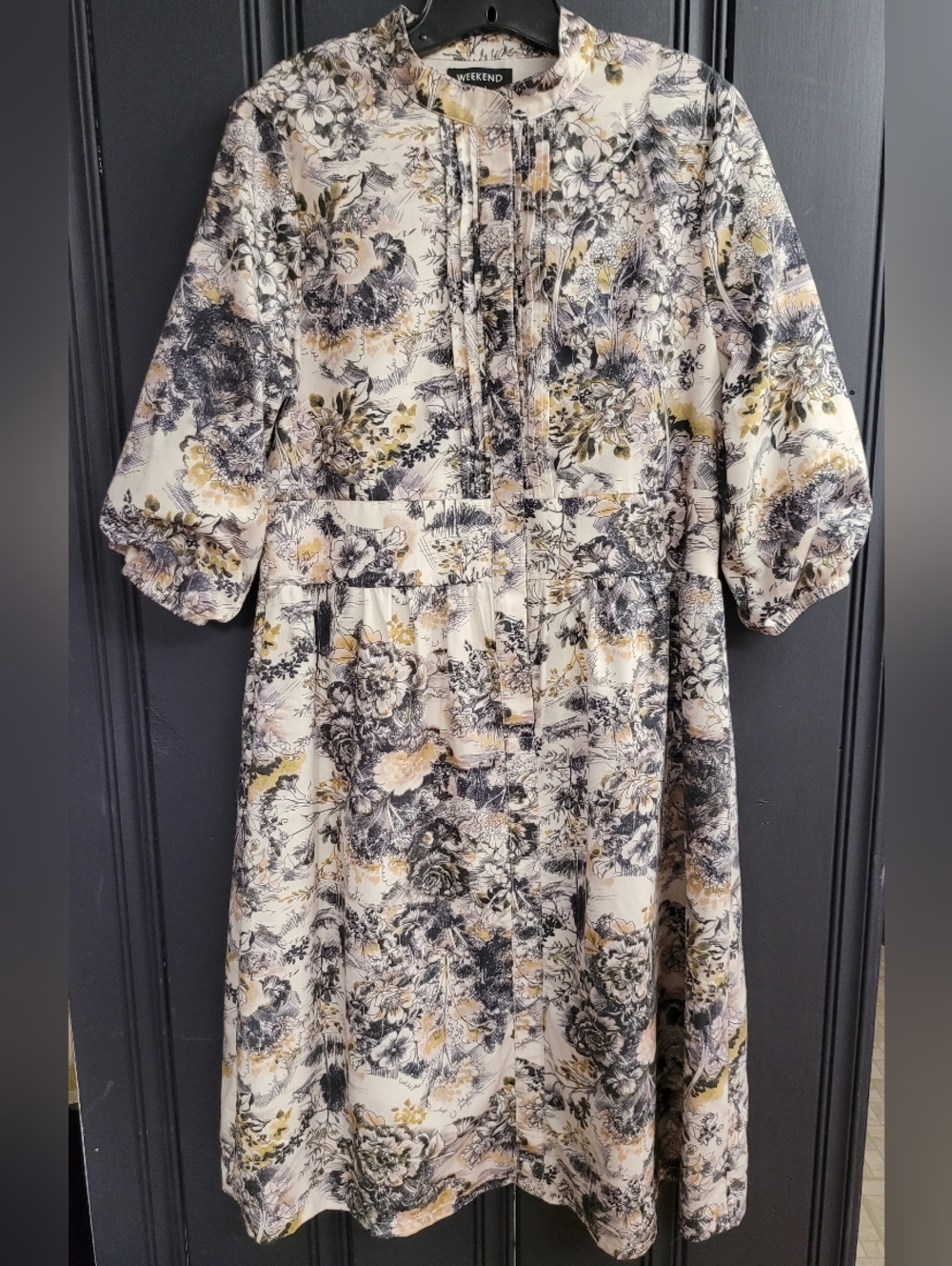 Floral Dress with Pleating Detail, 3/4 Puff Sleeve